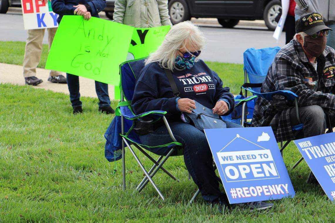 Janice Jones, 67, attends a protest April 15, 2020 against Gov. Andy Beshear’s executive orders closing down much of Kentucky to stem the spread of COVID-19.