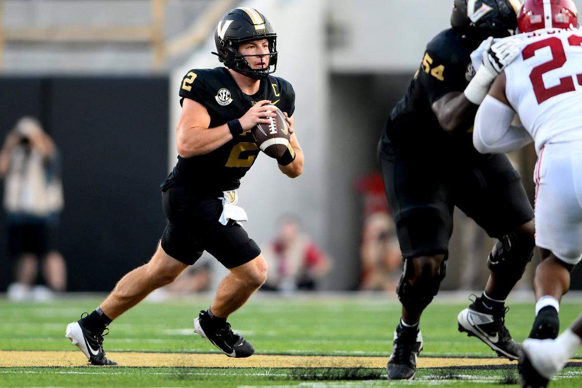 Vanderbilt quarterback Diego Pavia completed 16 of 20 passes for 252 yards and two touchdowns and ran for a net of 56 yards on 20 carries in the Commodores’ 40-35 upset of then-No. 1 Alabama last week.