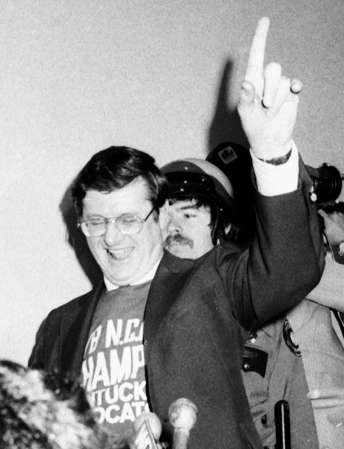 Kentucky Coach Joe B. Hall greeted fans as the 1978 NCAA champion Wildcats arrived at Blue Grass Field (now Airport) from St. Louis after beating Duke 94-88 in the national championship game.