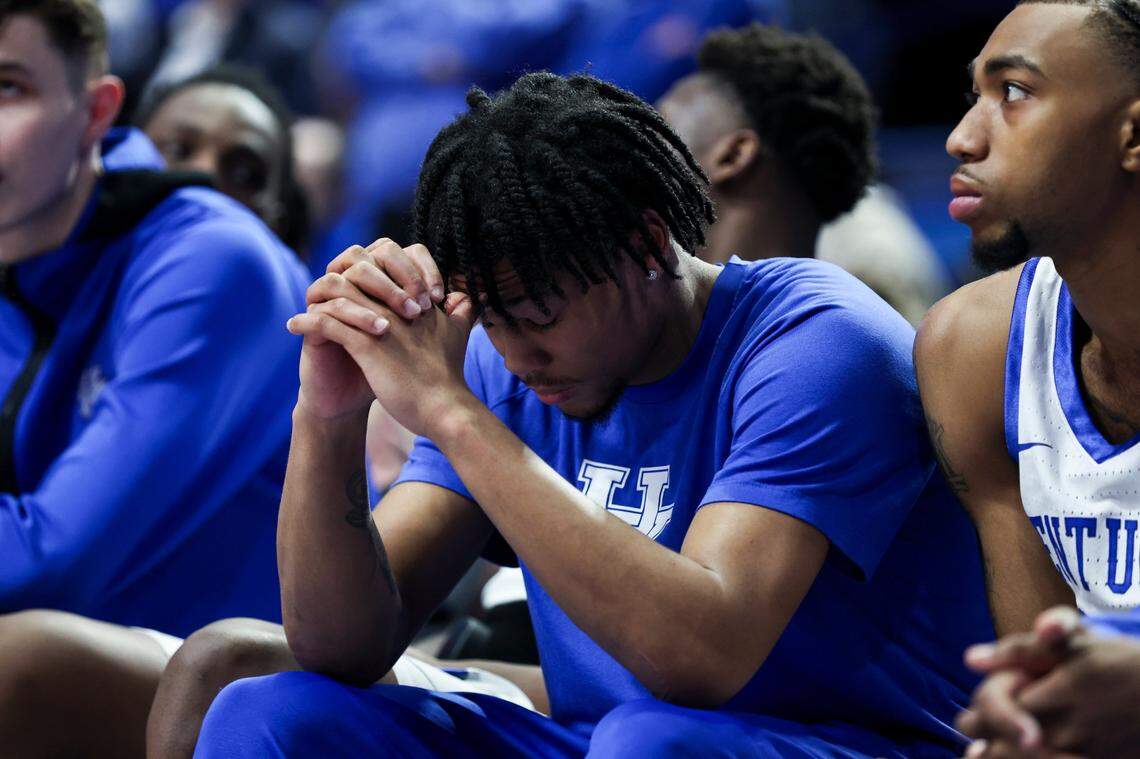 Kentucky point guard D.J. Wagner reacts to a Florida score in the Gators’ overtime victory over the Wildcats last week in Rupp Arena. Wagner has missed the last two games with an ankle injury.