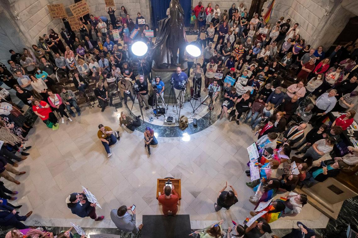 Kentucky author Silas House speaks during the Fairness Rally at the Kentucky state Capitol in Frankfort, Ky., on Wednesday, Feb. 15, 2023.