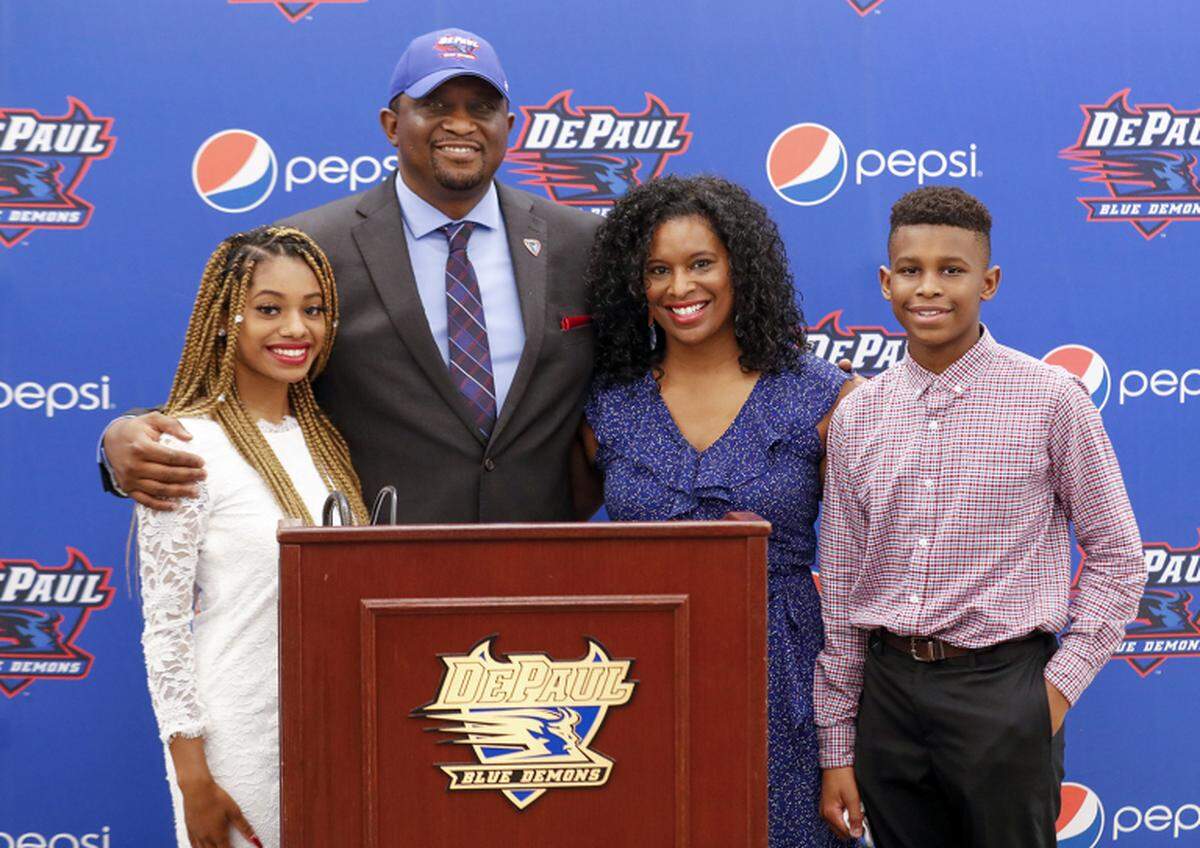 DePaul Athletic Director DeWayne Peevy with his family, daughter Kaitlyn, wife Allison and son Braden.