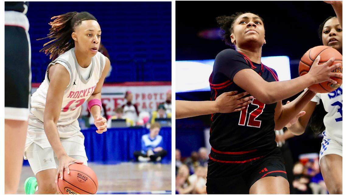 No. 2 Assumption and 7th Region co-player of the year Ashlinn James, left, will take on No. 1 George Rogers Clark and 10th Region co-player of the year Teigh Yeast, right, in the championship game of the Clark’s Pump-N-Shop Girls’ Basketball Sweet 16 at Rupp Arena at 7:30 p.m. Saturday.