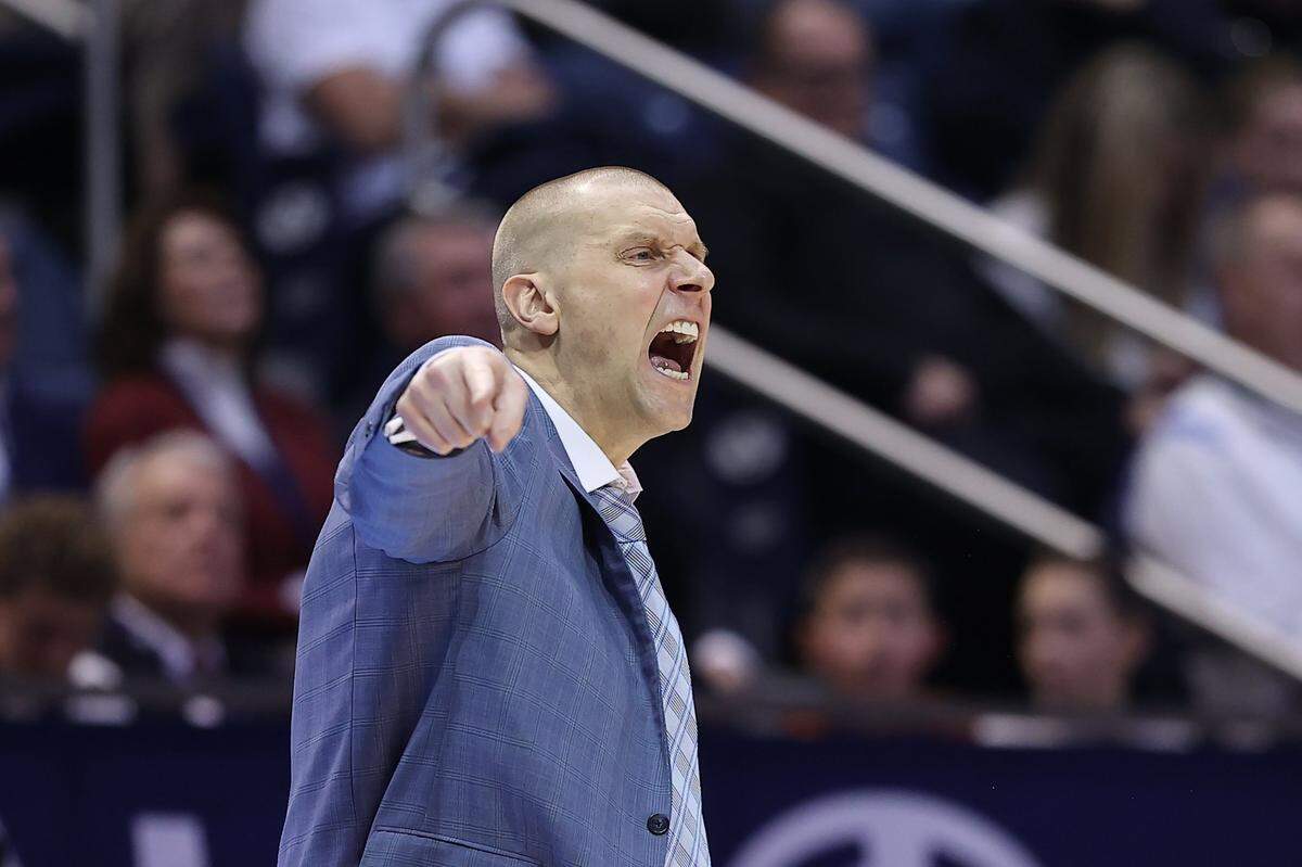 Jan 12, 2023; Provo, Utah, USA; Brigham Young Cougars head coach Mark Pope reacts to a call against the Gonzaga Bulldogs in the second half at Marriott Center. Mandatory Credit: Rob Gray-USA TODAY Sports