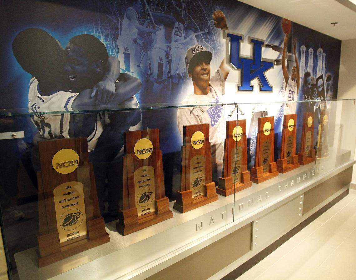Replicas of UK’s eight national basketball championship trophies are on display in the lobby of the Wildcat Coal Lodge.