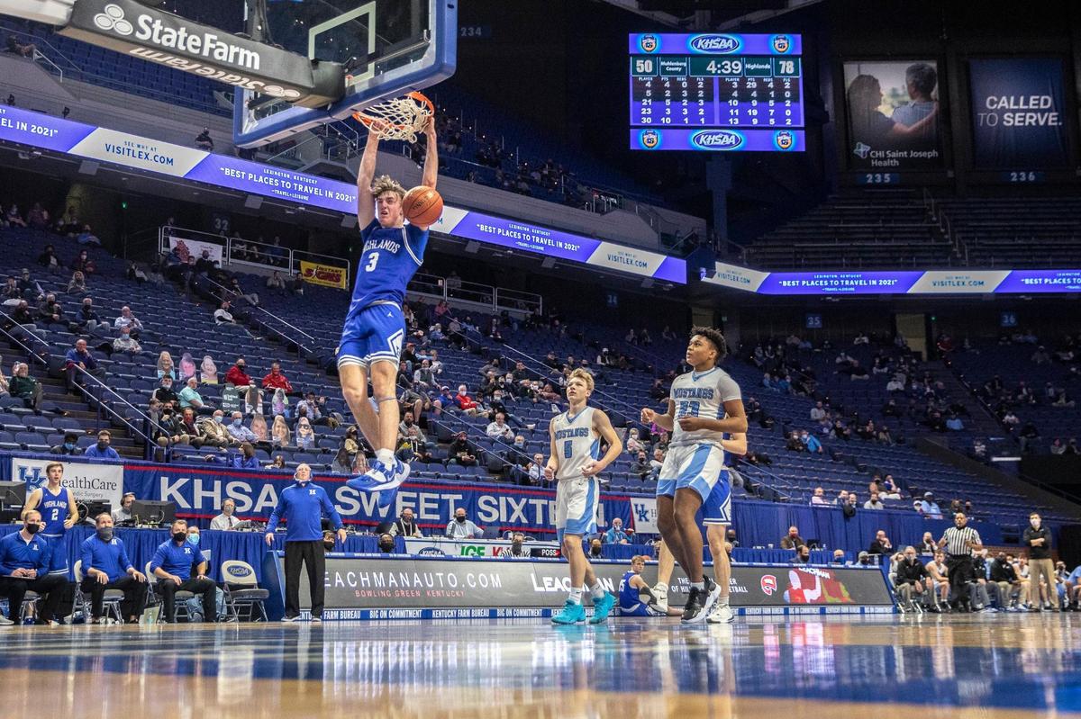 After leading Fort Thomas Highlands to the 2021 Boys’ Sweet Sixteen title in Rupp Arena, Sam Vinson (3) is expected to contend for major playing time as a freshman in the Northern Kentucky University backcourt.