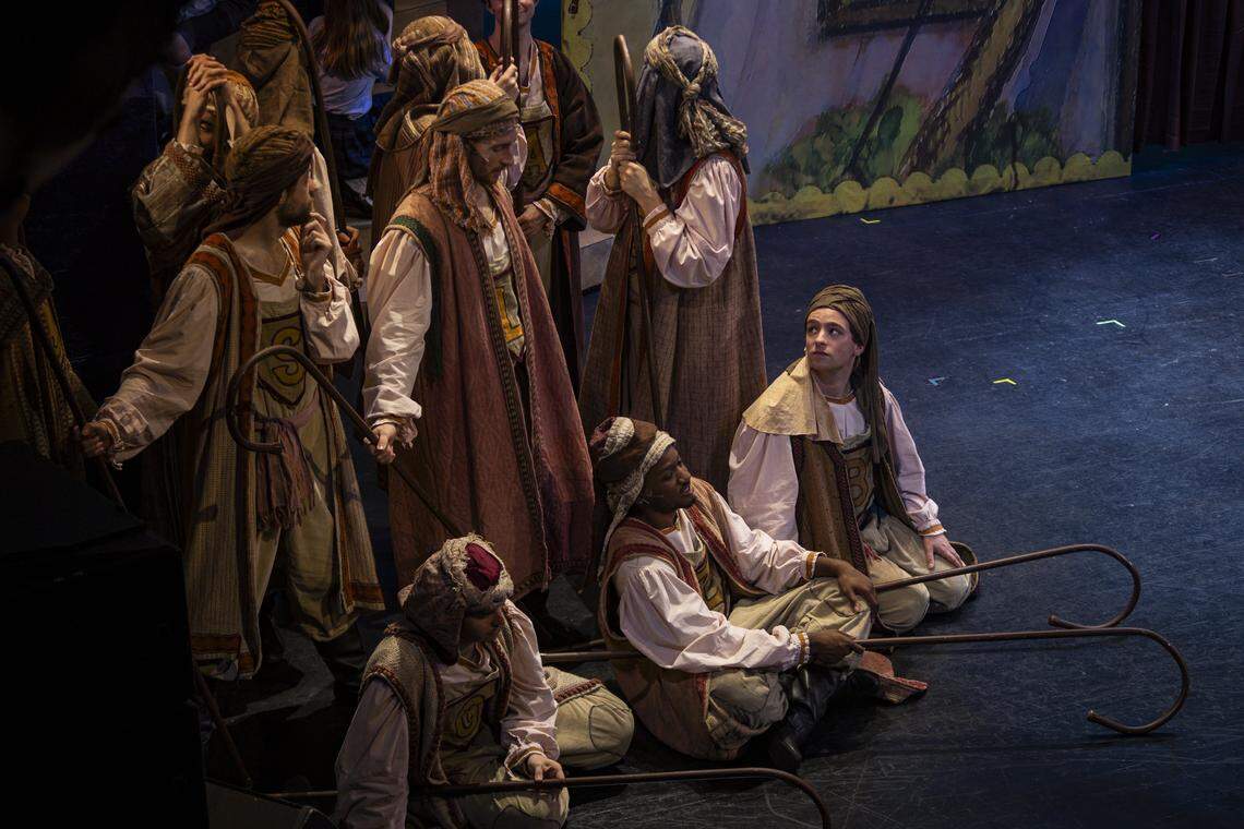 Joseph’s brothers sing and dance during a rehearsal of Joseph and The Amazing Technicolor Dreamcoat Monday, July 28, 2025, at the Lexington Opera House in Lexington, Ky.