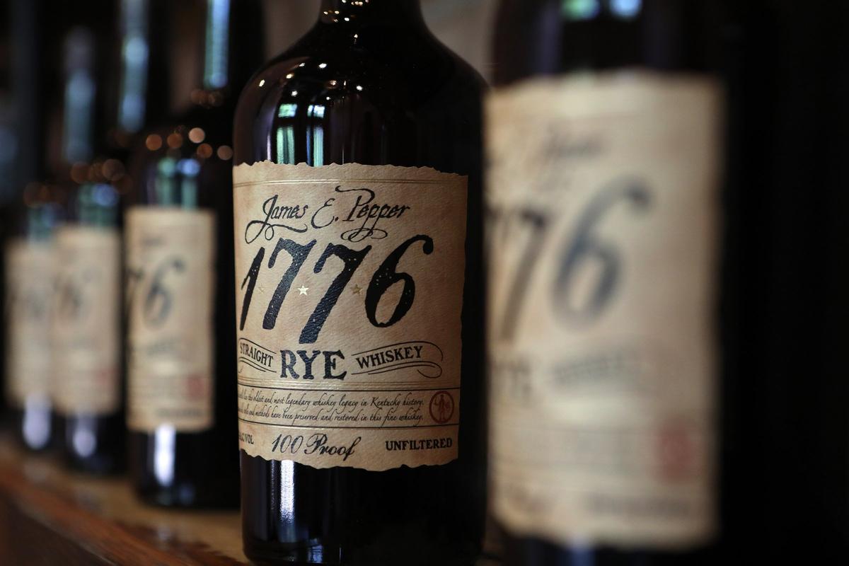 Bottles of James E. Pepper 1776 straight rye whiskey and bourbon are for sale to visitors at James E. Pepper Distillery on Manchester Street.