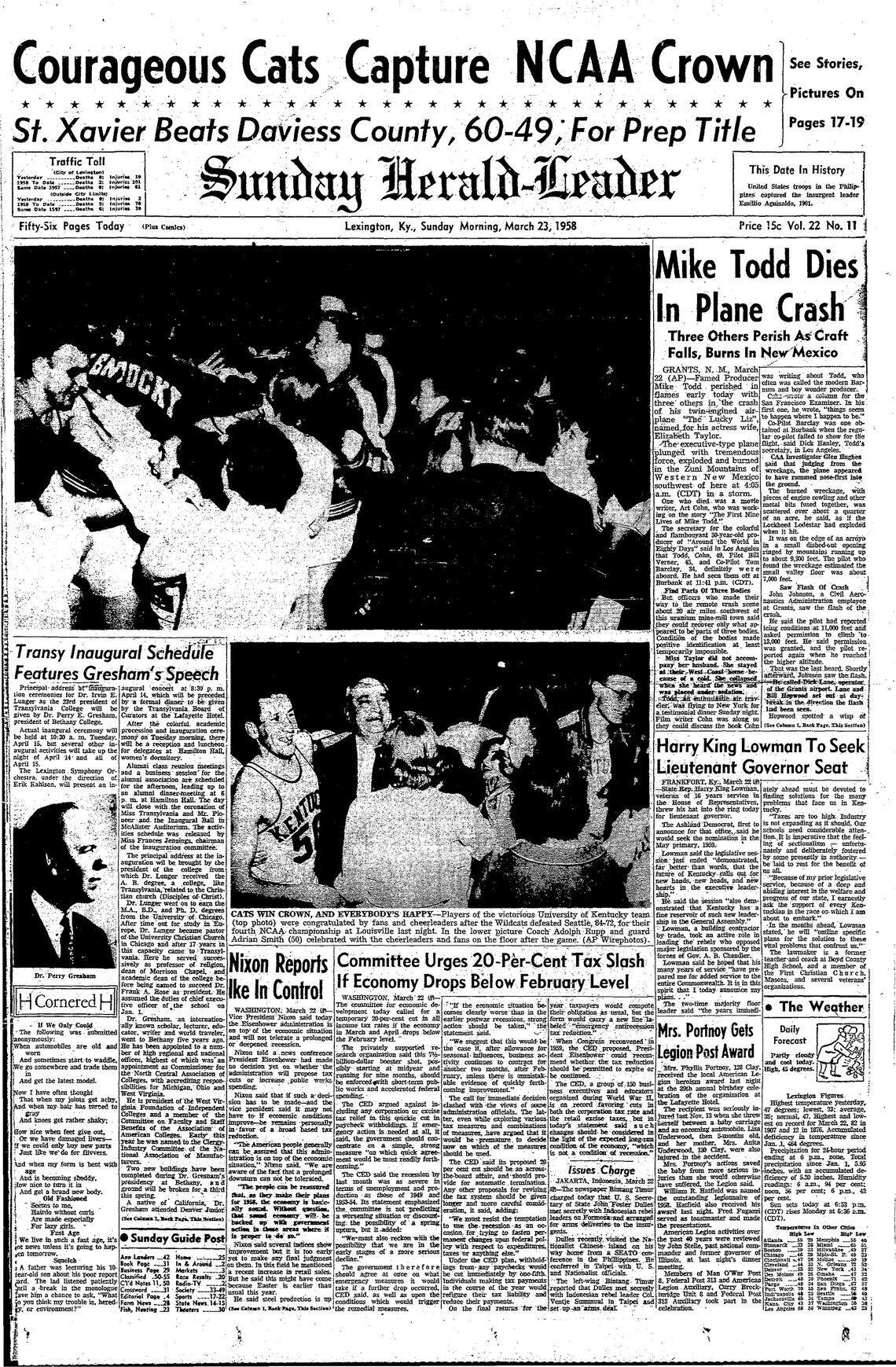 The front page of the Sunday Herald-Leader on March 23, 1958.