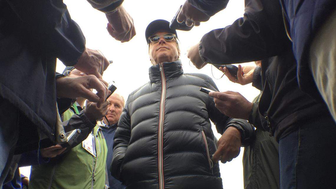 Bob Baffert, center, will be fielding favorites American Pharoah and Dortmund in Saturday's Kentucky Derby. "I feel like I've got No. 1 and No. 2 in the draft," Baffert said.        