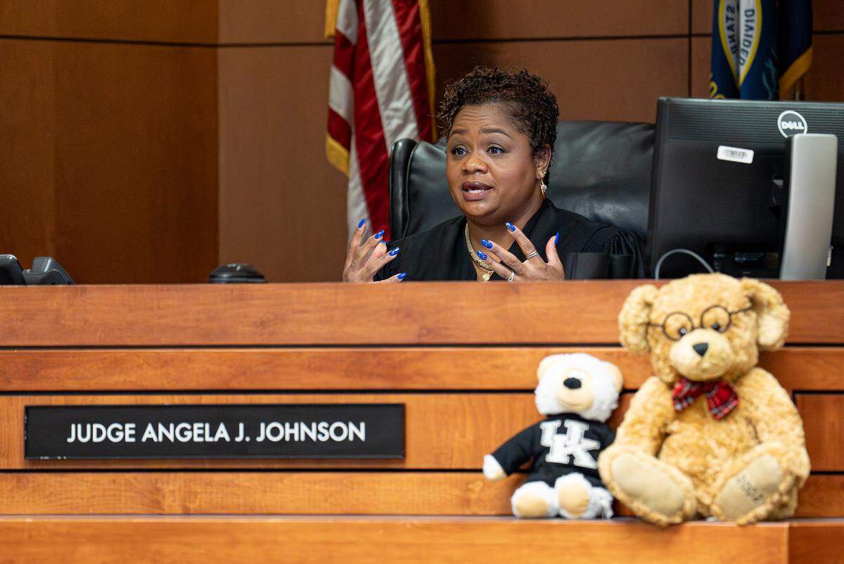 Jefferson Family Court Judge Angela Johnson speaks during a contempt of court sentencing hearing for former Kentucky Gov. Matt Bevin in Louisville, Ky., on May 29, 2026. Johnson sentenced Bevin to 14 days in jail or a $250 fine after finding him in contempt of court for failing to turn over financial documents tied to his adopted son’s request for retroactive child support.