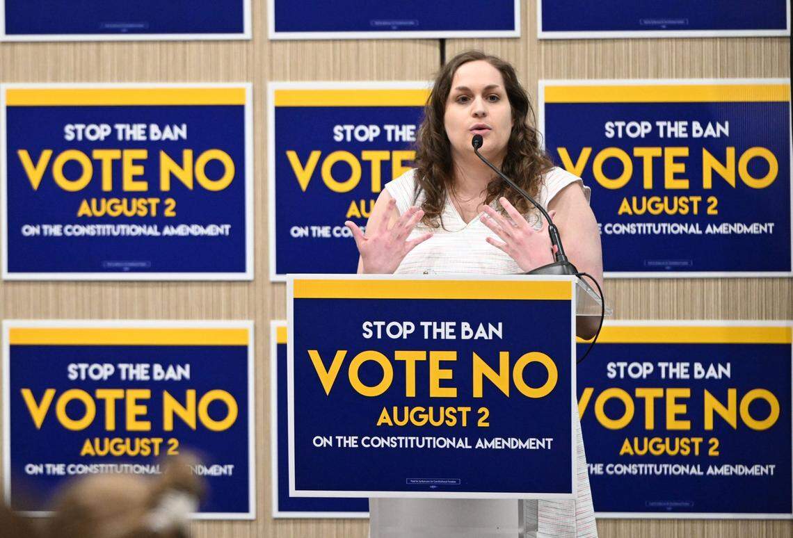 Rachel Sweet, campaign manager for Kansans for Constitutional Freedom, speaks to supporters at an election watch party Tuesday, August 2, 2022, at the Overland Park Convention Center, 6000 College Blvd. The ‘Vote No” won in the primary election.