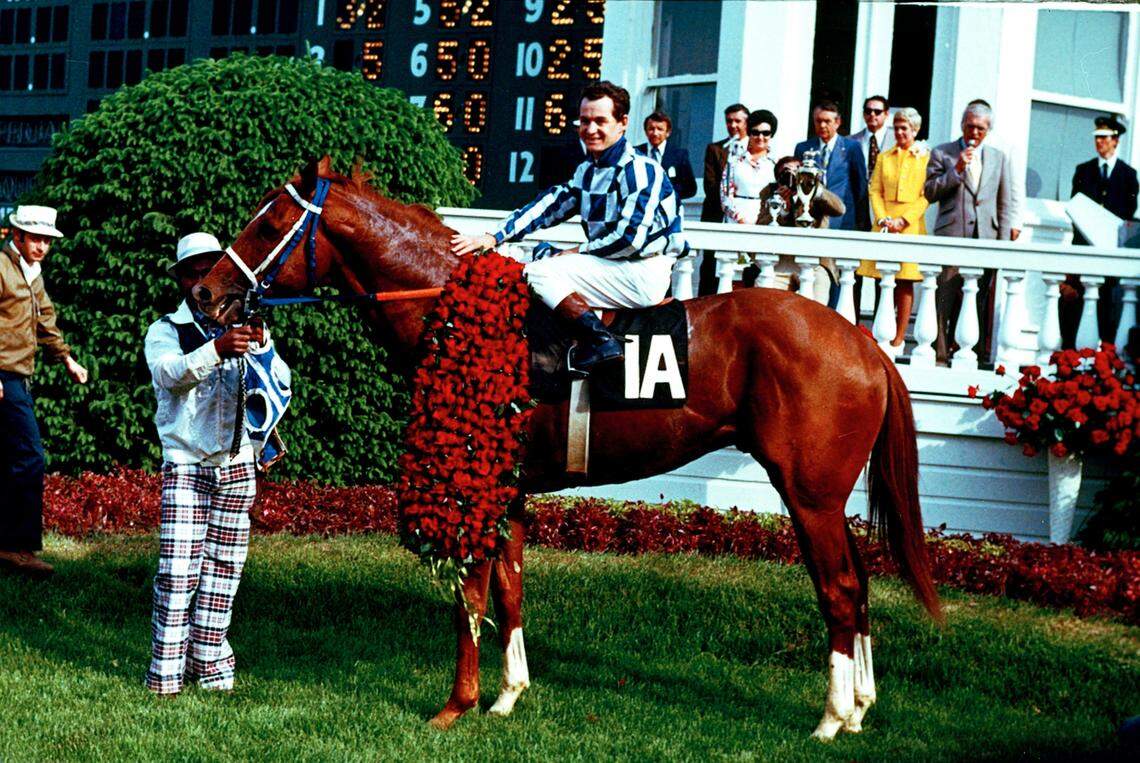 Secretariat and jockey Ron Turcotte posed in the winner’s circle after the 1973 Kentucky Derby at Churchill Downs in Louisville. Holding on at left was groom Ed Sweet.
