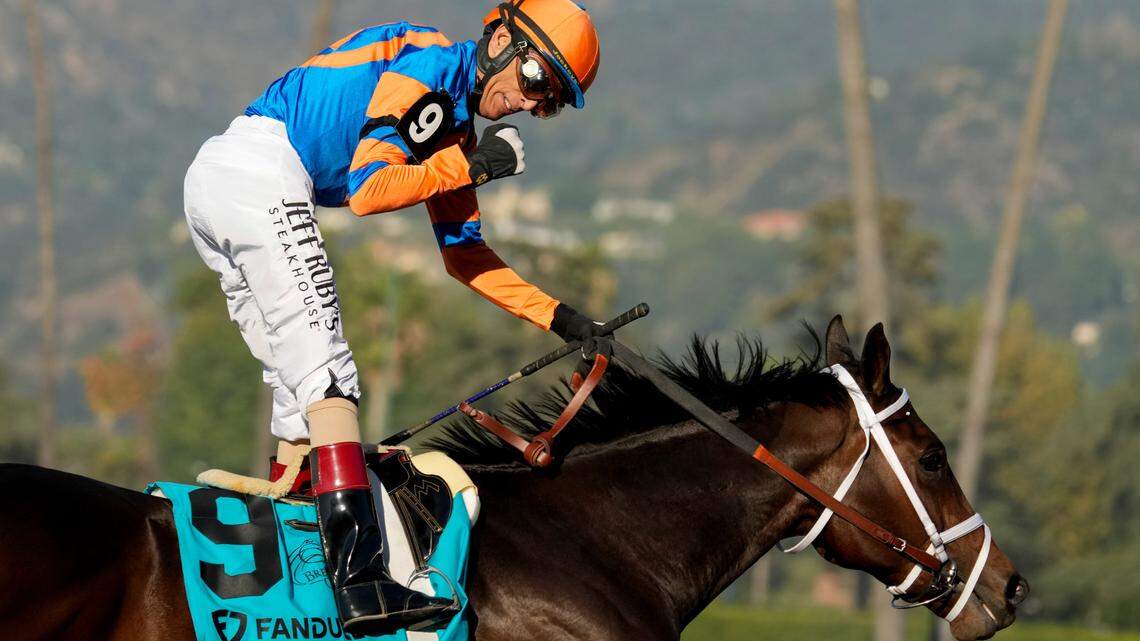 John Velazquez celebrates as he rides Fierceness to victory in last fall’s Breeders’ Cup Juvenile at Santa Anita. Fierceness is the 8-5 morning-line favorite for Saturday’s Florida Derby.