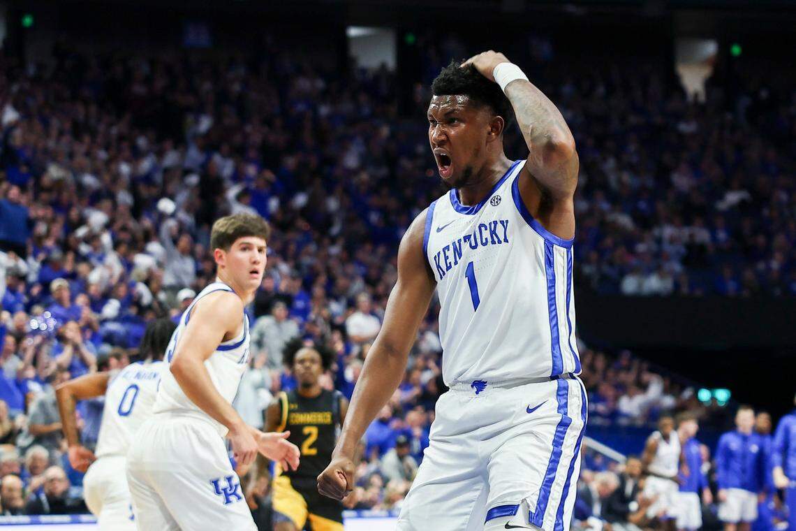 Kentucky freshman Justin Edwards celebrates after scoring against Texas A&M-Commerce in the Wildcats’ 81-61 victory on Friday night.