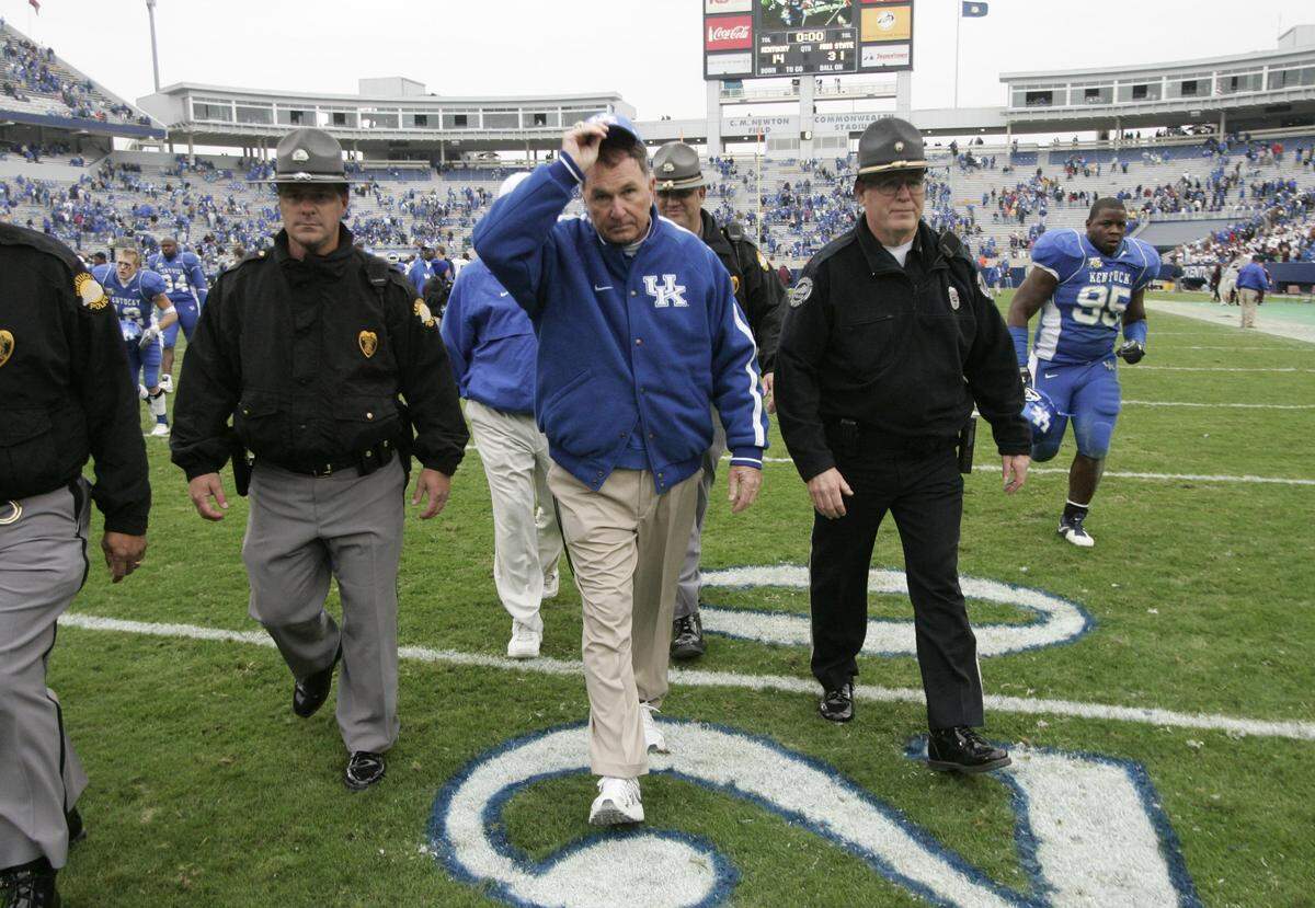Kentucky head coach Rich Brooks left the field after UK lost to Mississippi State, 31-14, at Commonwealth Stadium on Saturday, October 27, 2007.