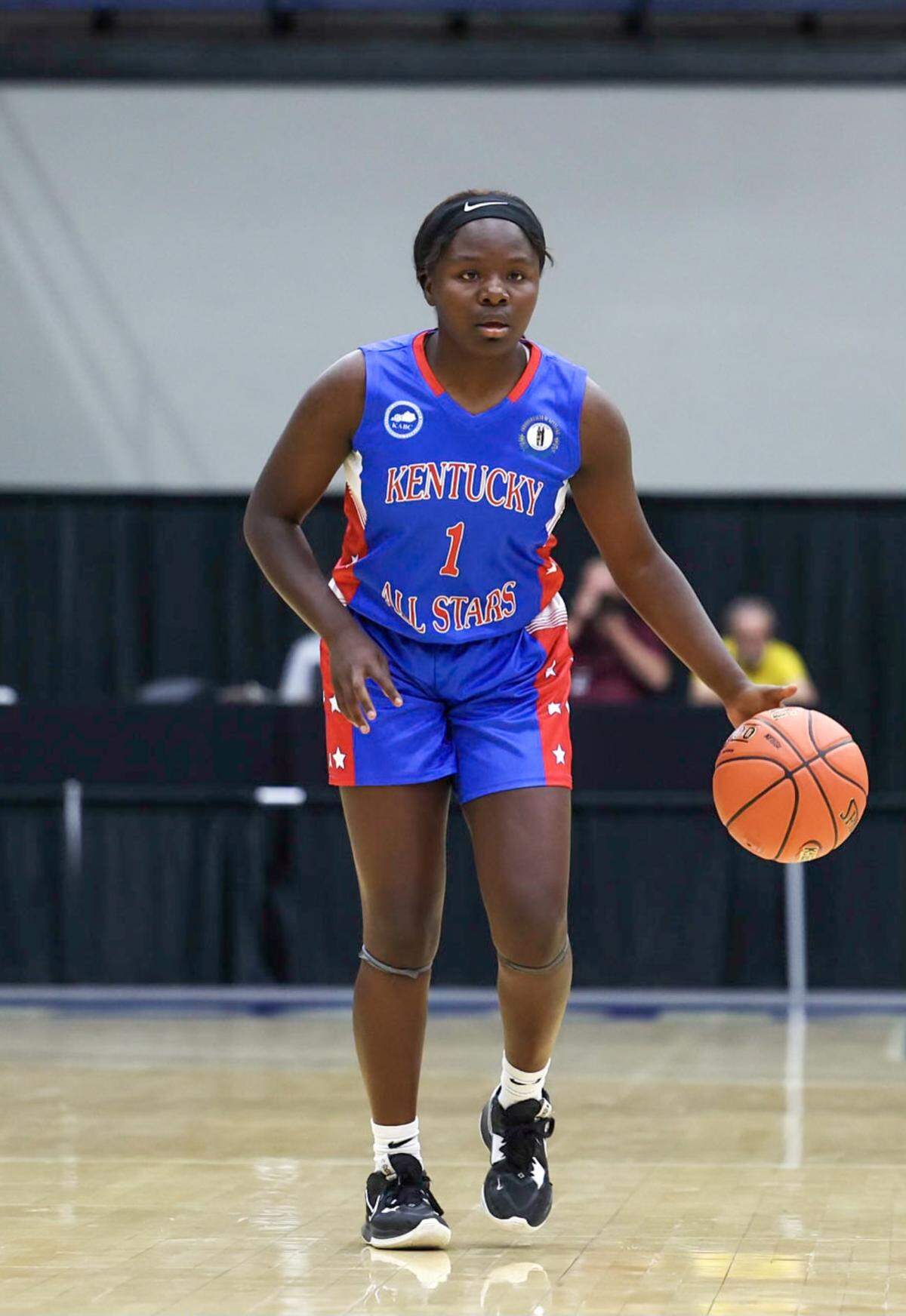 Former Rowan County star and now Murray State women’s basketball signee Haven Ford dribbles the ball for the Kentucky All-Stars during Friday night’s win against Indiana at the Sportscenter in Owensboro. Ford had 18 points, 12 rebounds and five steals.