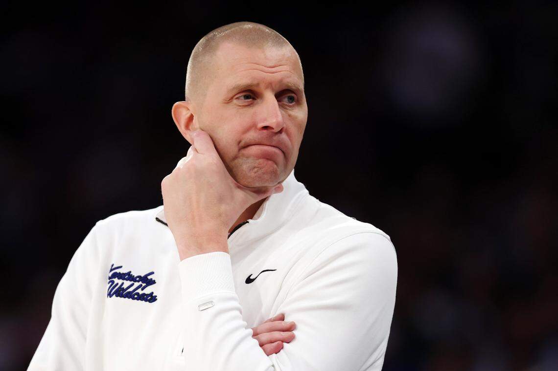 NEW YORK, NEW YORK - NOVEMBER 18: head coach Mark Pope of the Kentucky Wildcats reacts during the second half against the Michigan State Spartans in the 2025 State Farm Champions Classic at Madison Square Garden on November 18, 2025 in New York City. The Spartans won 83-66. (Photo by Ishika Samant/Getty Images)