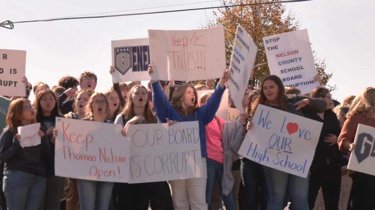 Thomas Nelson High School students protest a potential merger with Nelson County High School on Oct. 18, 2023.