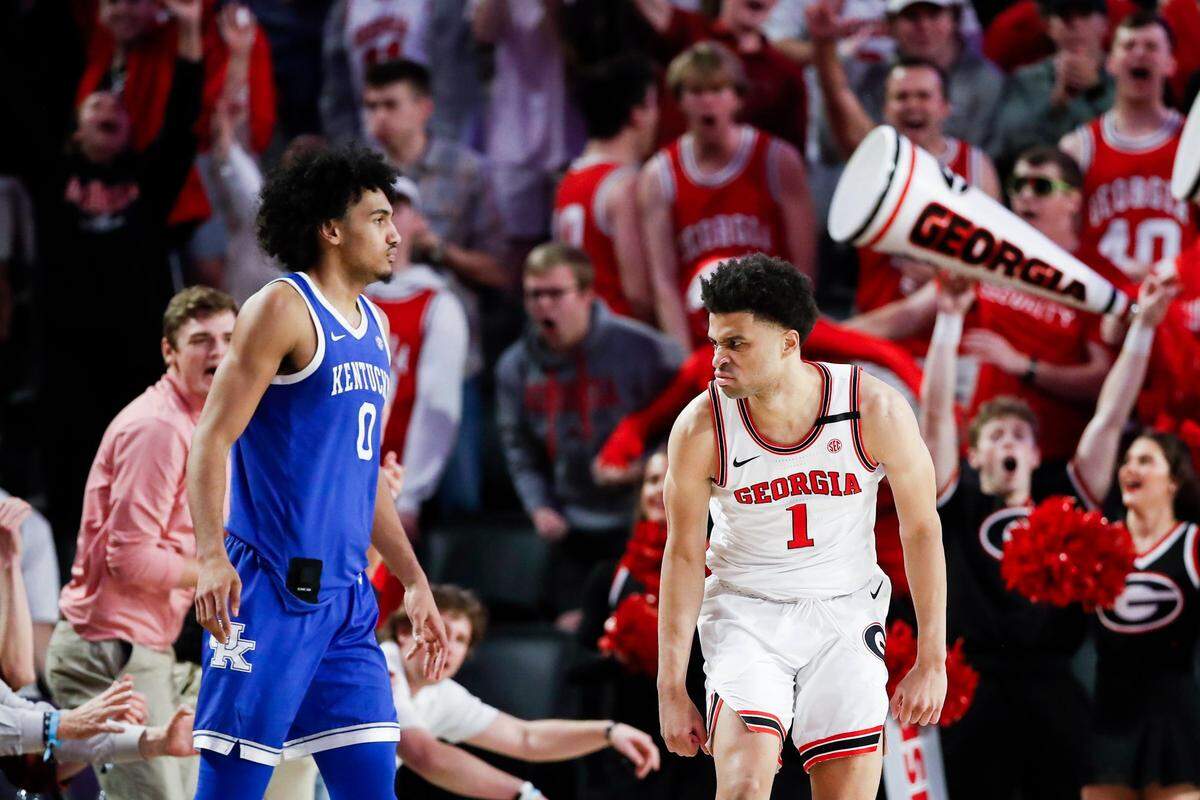 Georgia guard Jabri Abdur-Rahim (1) celebrates scoring a basket against Kentucky during Saturday’s game at Stegeman Coliseum in Athens, Ga.
