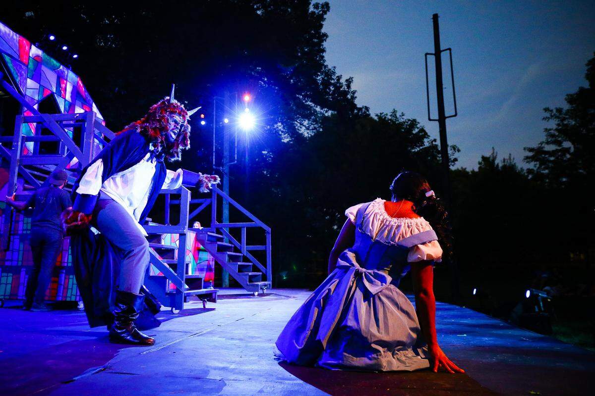 Ron Wilbur, playing Beast, and Krissalynn Love, playing Belle, on stage during a performance of “Beauty and the Beast,” presented by the Kentucky Conservatory Theatre for Summerfest 2018.