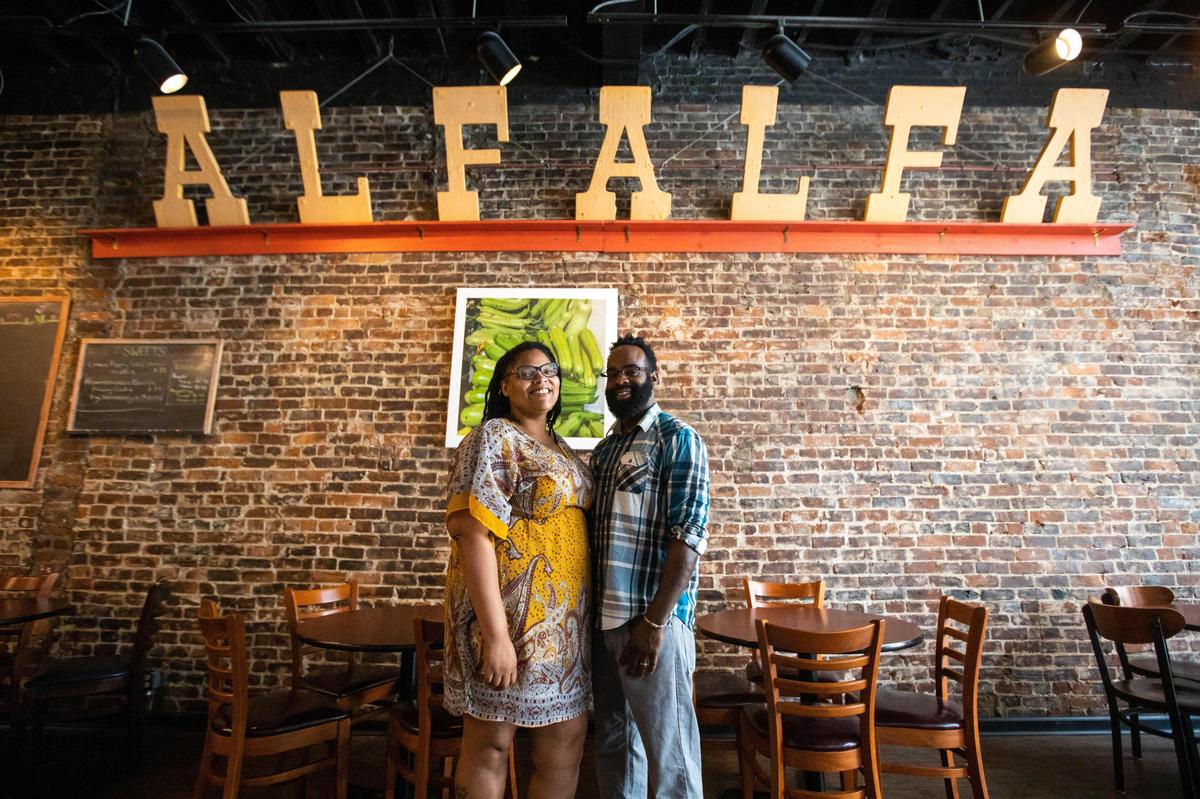 Tiffany Bellfield El-Amin, left, and Wali El-Amin, right, became new owners of the Alfalfa restaurant on East Main Street downtown. May 29, 2020.