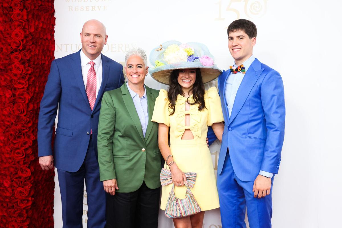 Jeff, Stacey and Reed Sheppard, former University of Kentucky basketball player, pose on the red carpet along with Reed’s girlfriend, Brailey Dizney, at the Kentucky Derby on Saturday, May 4, 2024, at Churchill Downs in Louisville, Kentucky.