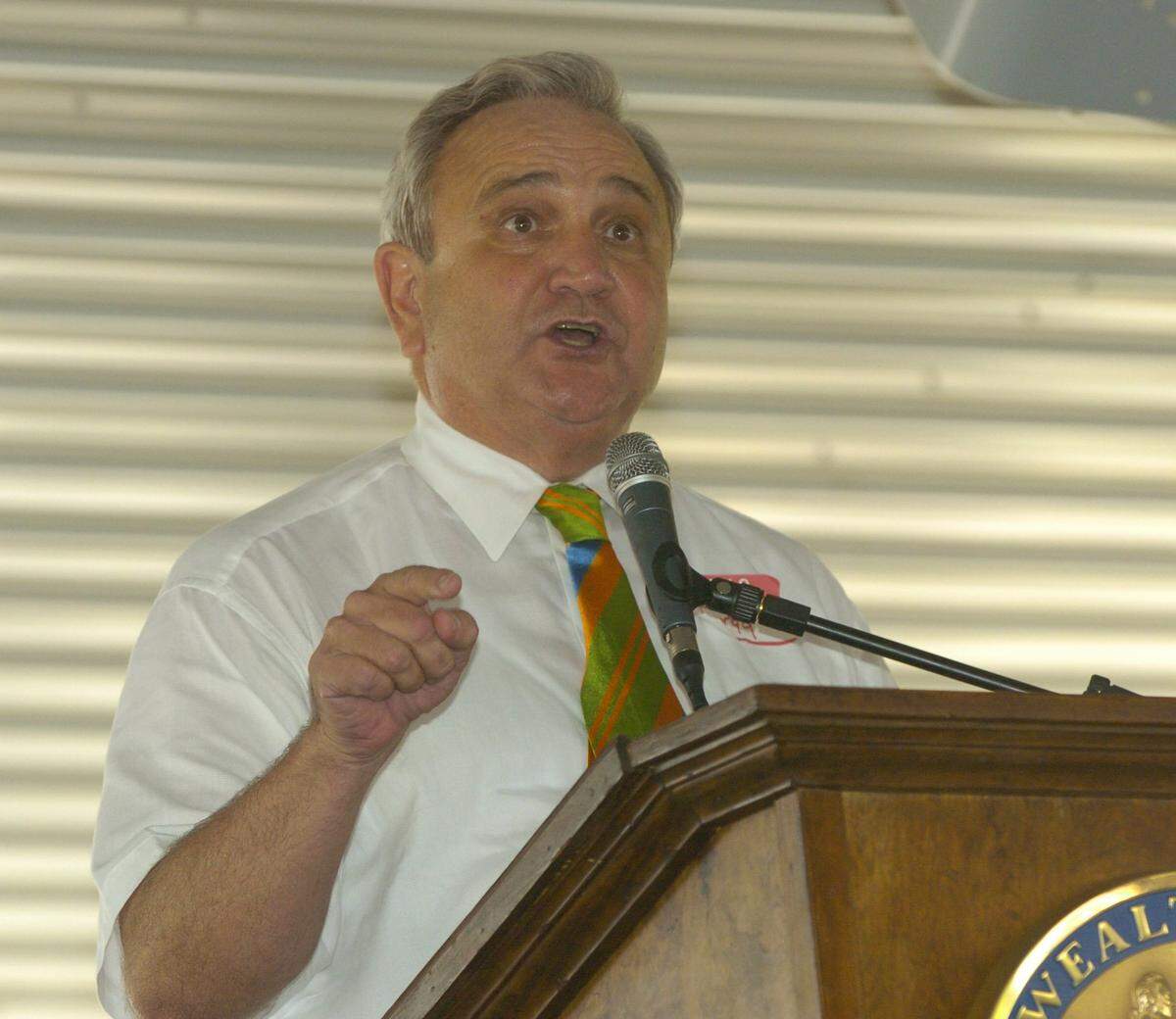 Larry Forgy, acting Kentucky Republican party chairman speaks at the 125th annual Fancy Farm Political picnic at Fancy Farm, Kentucky on Sat. August 6, 2005. Frank Anderson/Staff
