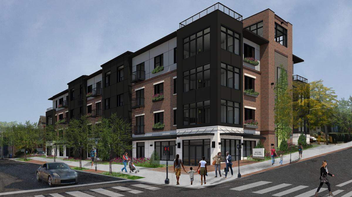 The proposed Residences at South Hill will be built after a two-story former government office building is razed at the corner of High and Upper streets. The new building will be four stories.