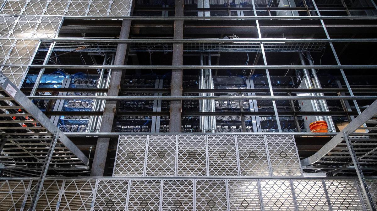 A wall of air filters protects cryptocurrency mining machines at Blockware Mining’s facility in Paducah, Ky., on Tuesday, March 29, 2022.