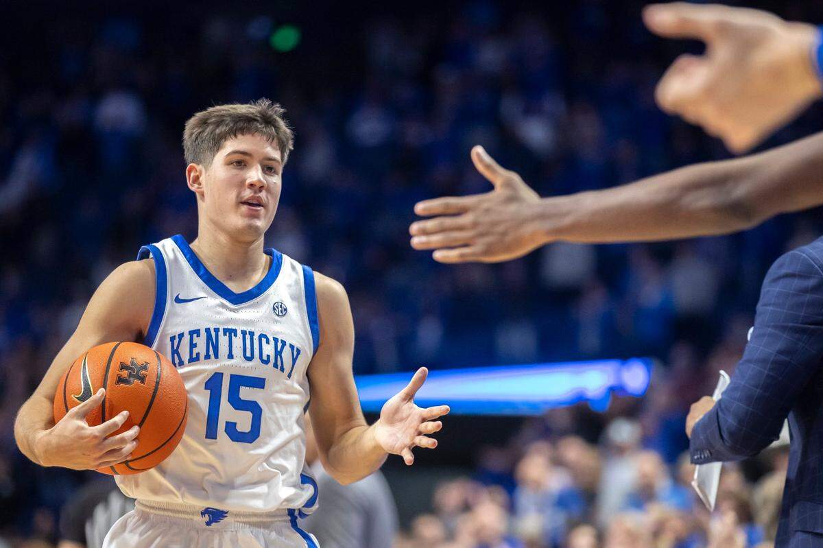 Kentucky guard Reed Sheppard is averaging 12.8 points, 4.7 rebounds, 3.6 assists and 2.9 steals per game going into the matchup with Louisville on Thursday night.