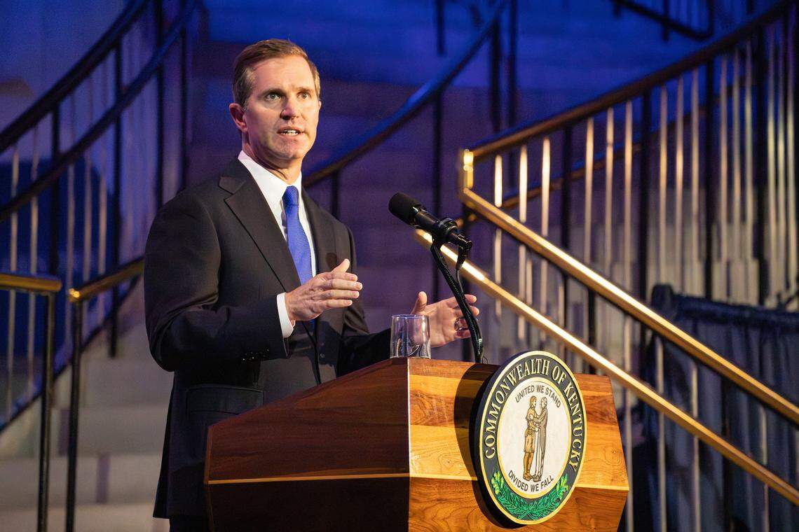 Kentucky Gov. Andy Beshear speaks during the State of the Commonwealth and budget address at the Thomas D. Clark Center for Kentucky History on Jan. 7, 2026, in Frankfort, Ky.