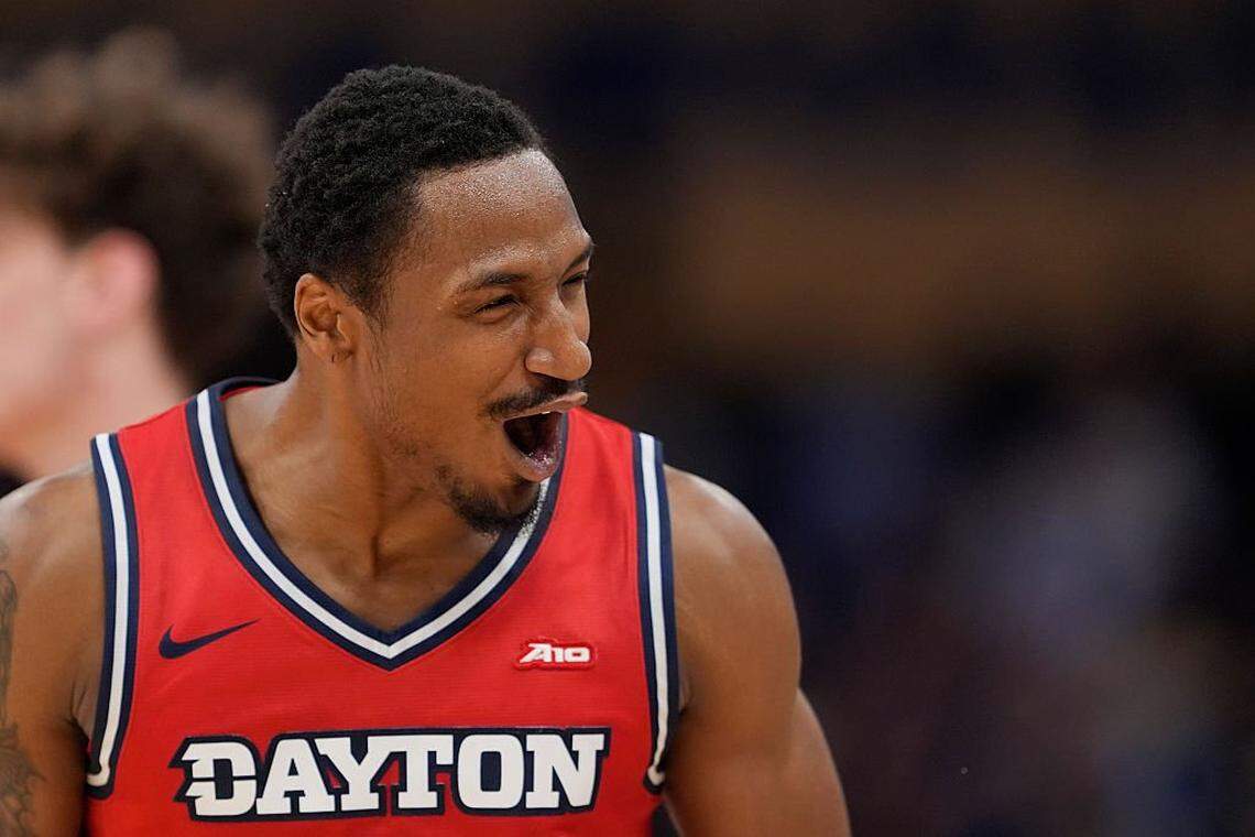 MILWAUKEE, WISCONSIN - NOVEMBER 19: De'Shayne Montgomery #2 of the Dayton Flyers reacts against the Marquette Golden Eagles during overtime at Fiserv Forum on November 19, 2025 in Milwaukee, Wisconsin. (Photo by Patrick McDermott/Getty Images)