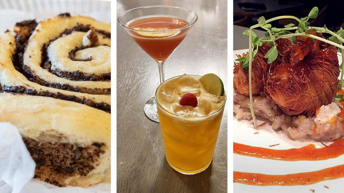 From left, a babka roll at Futile Bakery, the Eastsider at Epping’s and woven shrimp from Azur. All three are participating inthe annual Dining Out for Life benefit.