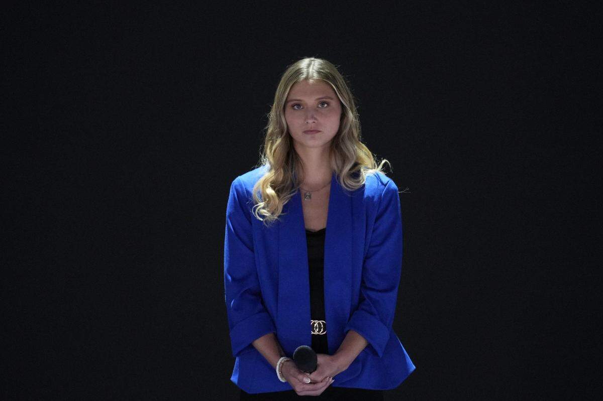 Aug 19, 2024; Chicago, IL, USA; Hadley Duvall of Kentucky speaks during the first day of the Democratic National Convention at the United Center. The DNC program will feature President Joe Biden and Former Secretary of State Hillary Clinton during Monday's ceremonies. Mandatory Credit: Jasper Colt-USA TODAY