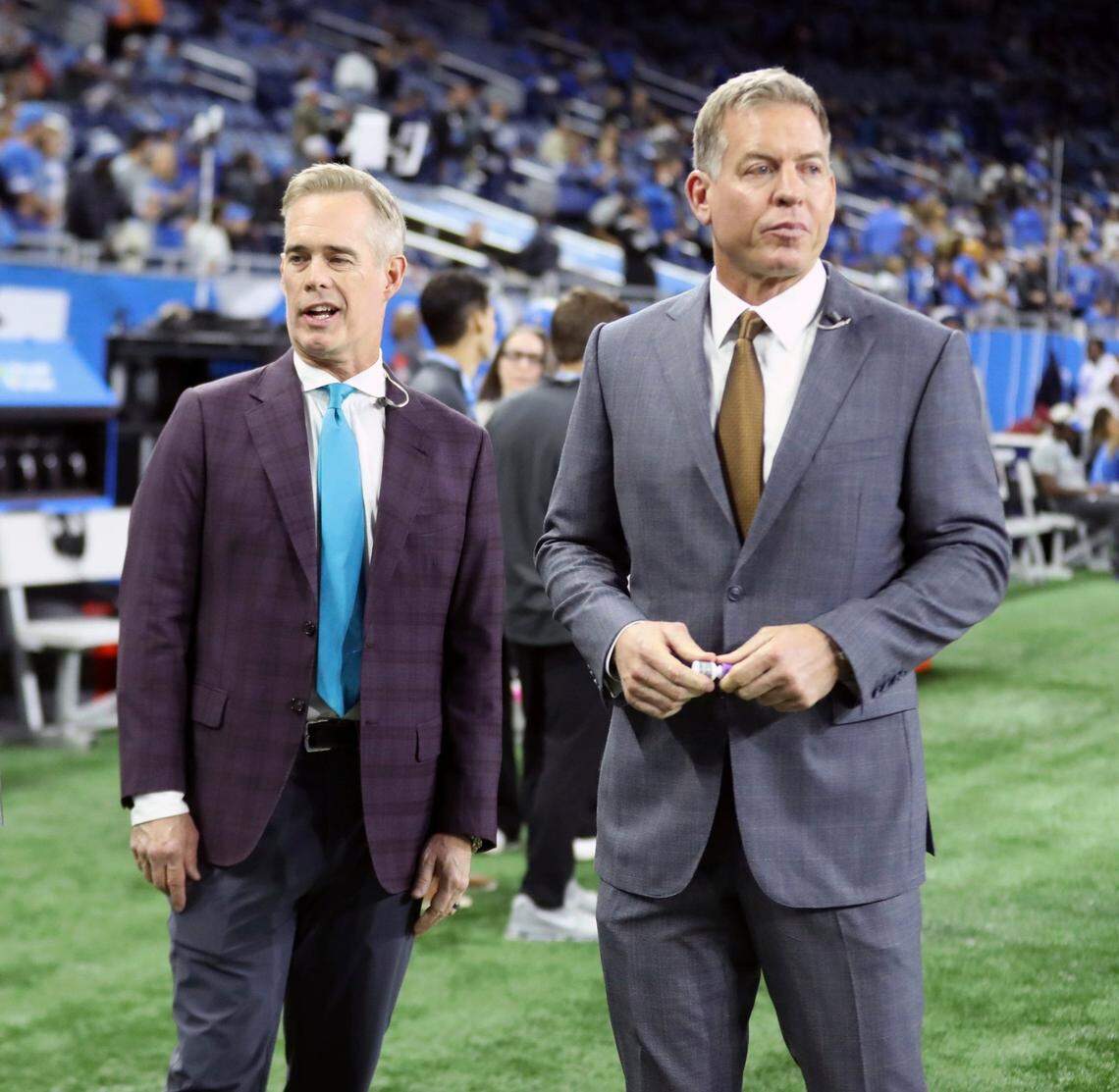 “Monday Night Football” commentators Joe Buck, left, and Troy Aikman are entering their 24th year as broadcast partners, first at Fox and now for ABC/ESPN.