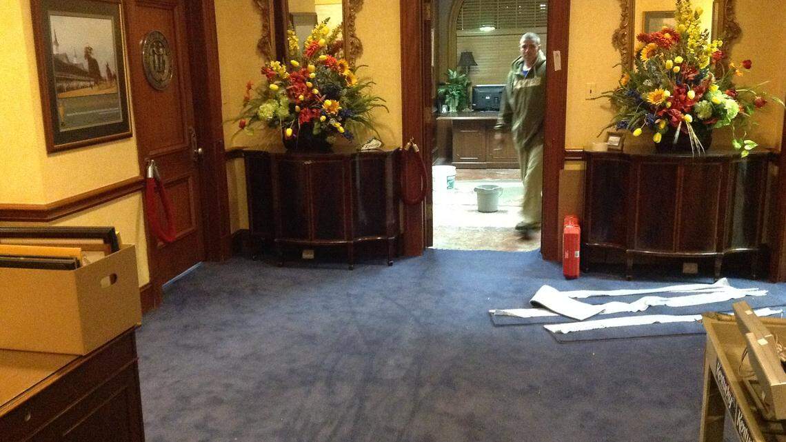 New carpet adorns the floor outside Gov. Steve Beshear's office. Kentucky is spending nearly $29,000 for the flooring. The old carpet was installed after Ernie Fletcher was elected in 2003.
  