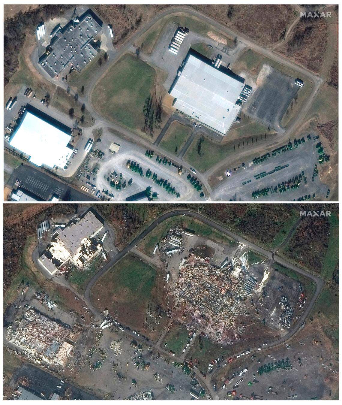 This combination of satellite images provided by Maxar Technologies shows Mayfield Consumer Products candle factory and nearby buildings, in Mayfield, Ky., on Jan. 28, 2017, top, and below on Saturday, Dec. 11, 2021, after a tornado caused heavy damage in the area. (Satellite image ©2021 Maxar Technologies via AP)