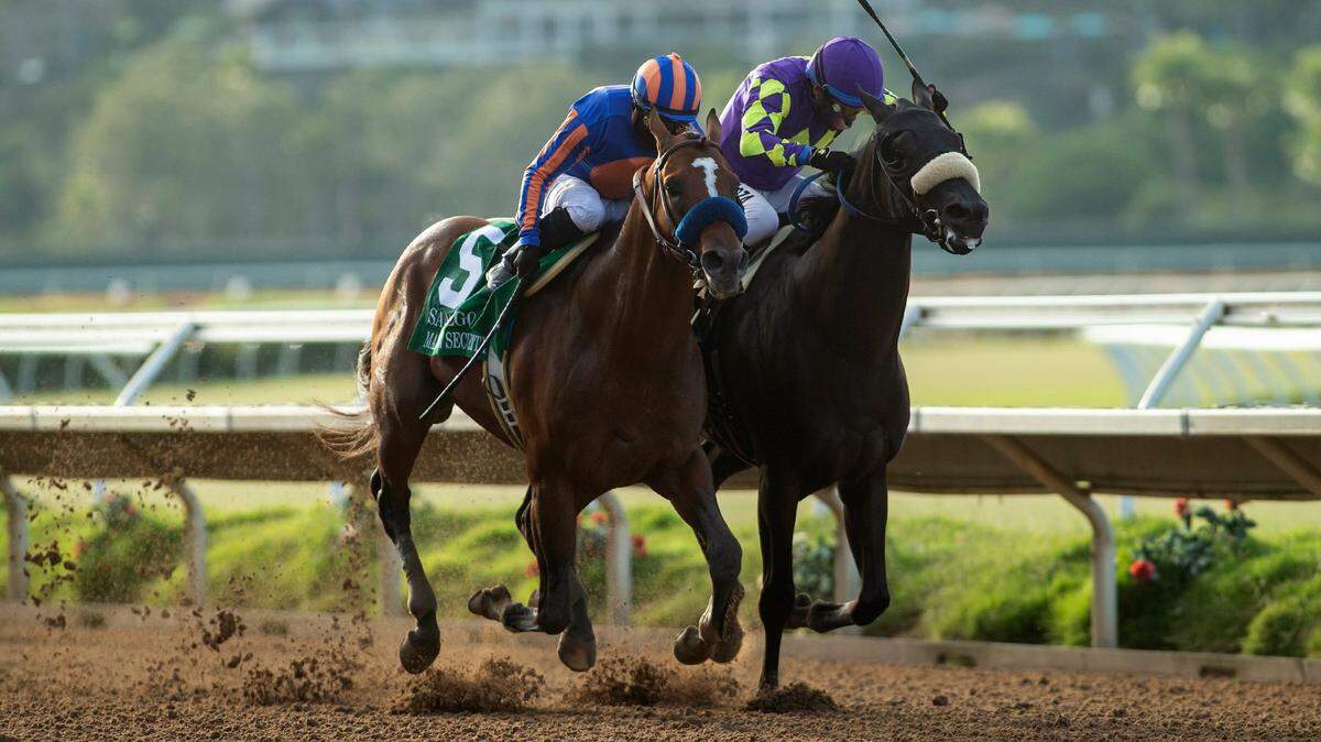 Maximum Security, left, with Abel Cedillo aboard, overpowered Midcourt, right, with Victor Espinoza, to win the Grade 2, $150,000 San Diego Handicap on Saturday at Del Mar.