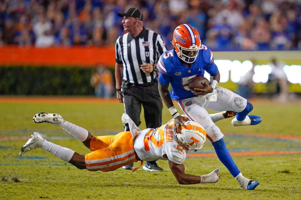 In Florida’s 38-14 rout of Tennessee last week, Gators quarterback Emory Jones (5) joined Tim Tebow as the only UF players to throw for more than 200 yards and run for over 100 in a game in the past 25 years. Jones ran for 144 yards and threw for 209 yards and two touchdowns vs. the Volunteers.