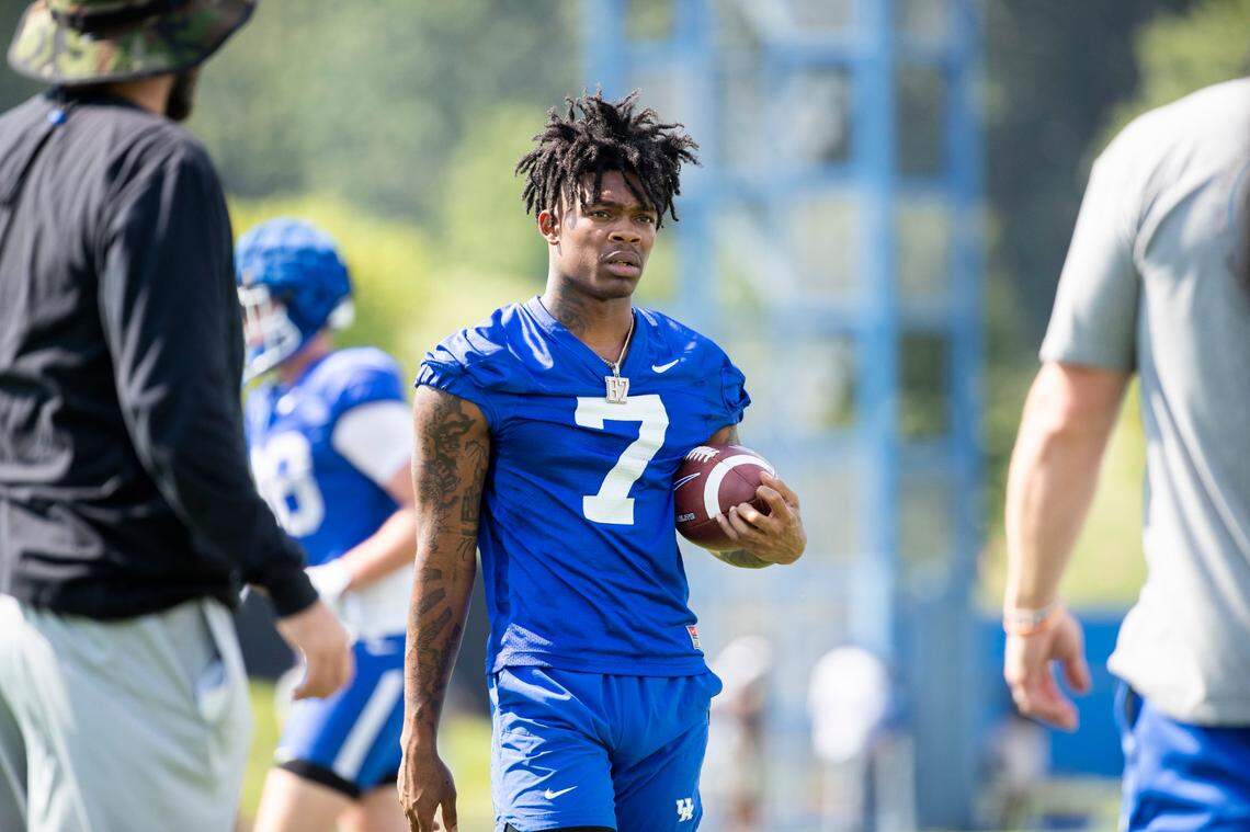 Kentucky wide receiver Barion Brown was unable to participate in Saturday’s Fan Day practice while dealing with a minor injury. Brown broke UK’s freshman record for receiving yards (628) and catches (50) last season.