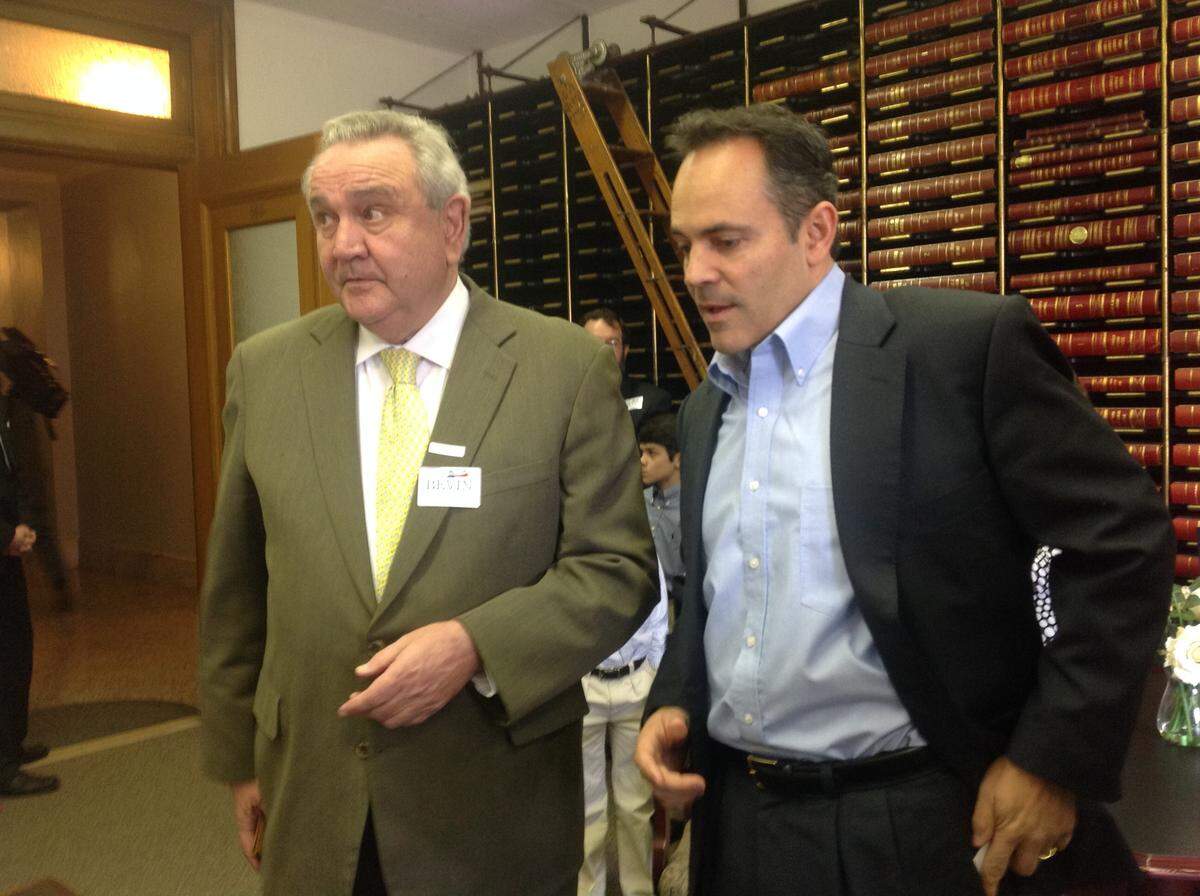 Republican Larry Forgy, left, said he would work hard to get Matt Bevin elected Kentucky’s next U.S. senator on Friday November 15, 2013 after Bevin had filed to run. Photo by Jack Brammer | Staff