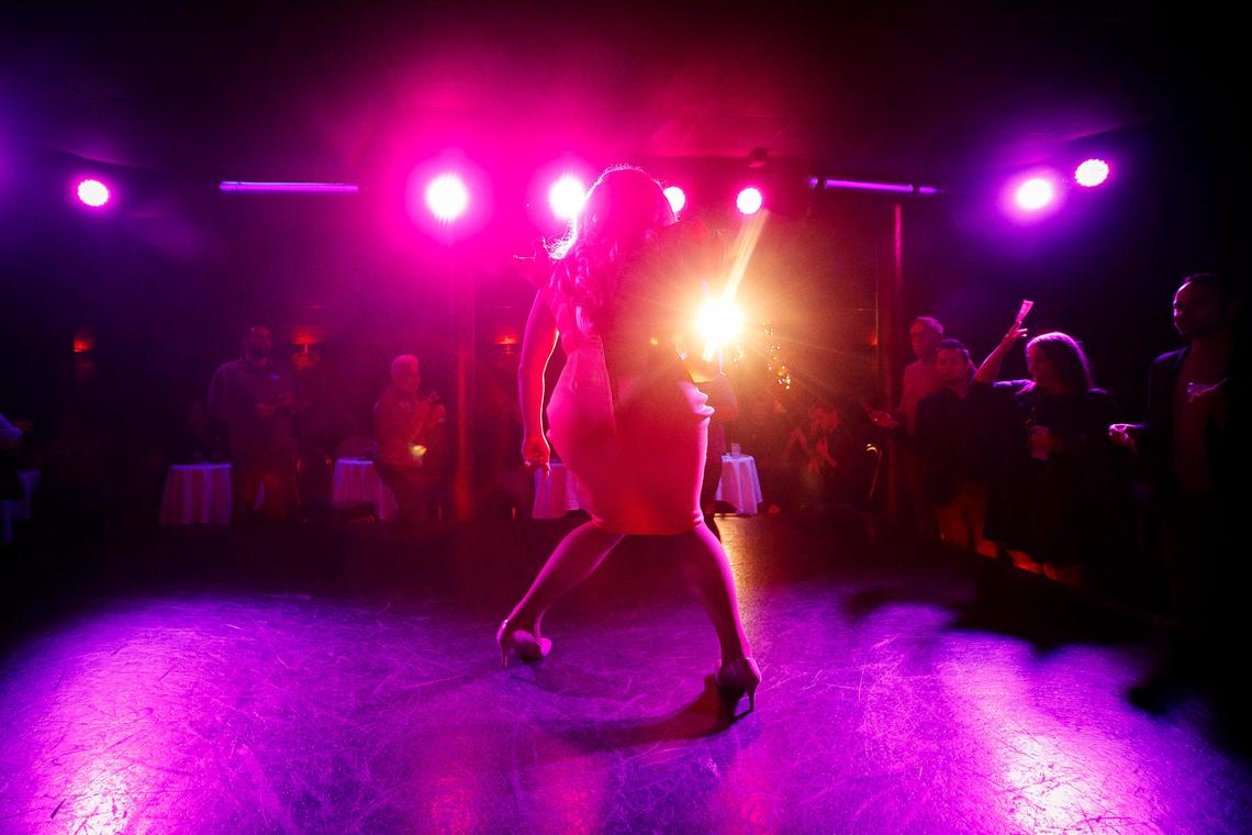 John Rhyne, of Lexington, Ky., performs on stage as the drag queen Uma Jewels during a drag show at the Bar Complex in Lexington, Ky., Saturday, Dec. 14, 2019.