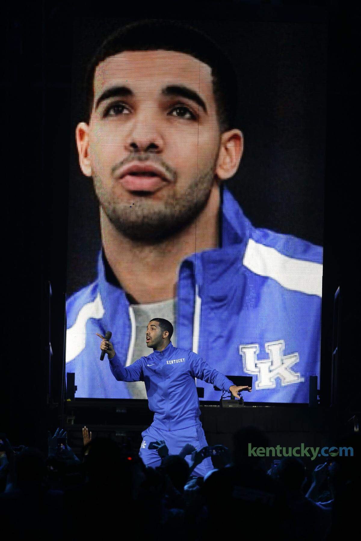 Recording artist Drake introduced Kentucky Wildcats head coach John Calipari during Big Blue Madness Rupp Arena Friday, Oct. 17, 2014 in Lexington, Ky. Photo by Amy Wallot