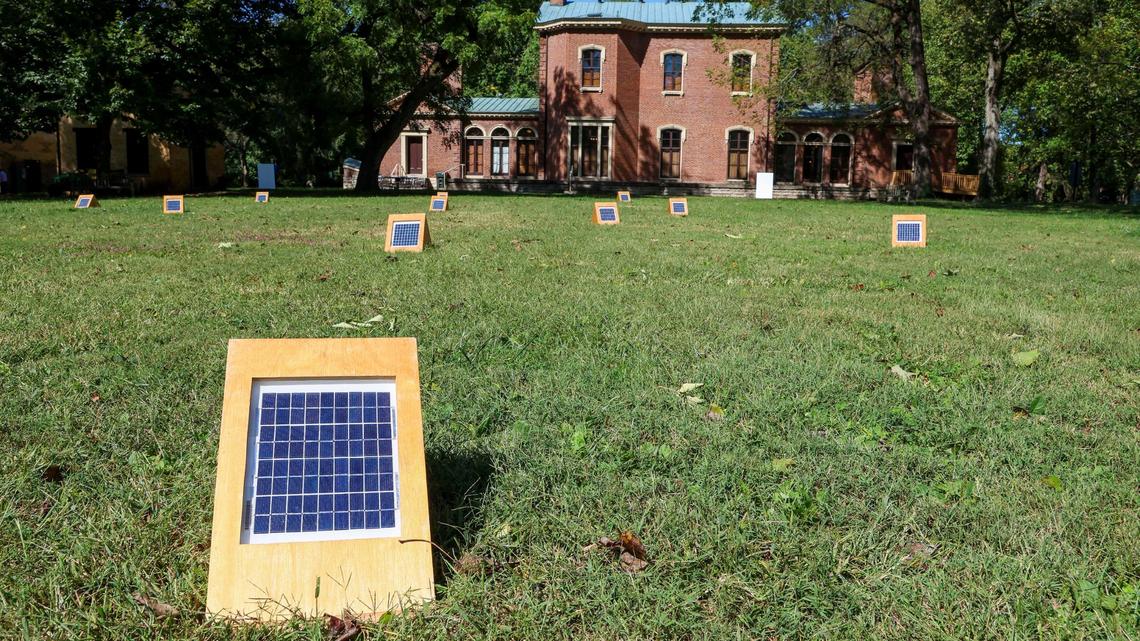 Twenty speakers are set up at Ashland, The Henry Clay Estate as part of a solar-powered sound installation called “Sun Boxes.” Each box plays a different looped guitar note with the sound changing as the sun moves.