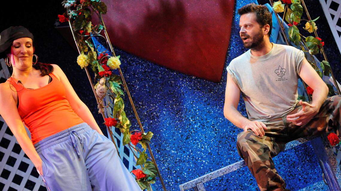 At their first meeting, Kate (Synge Maher) and Woodchuck Man (Chris Kateff) have words in Tamed, a Pioneer Playhouse world premiere.