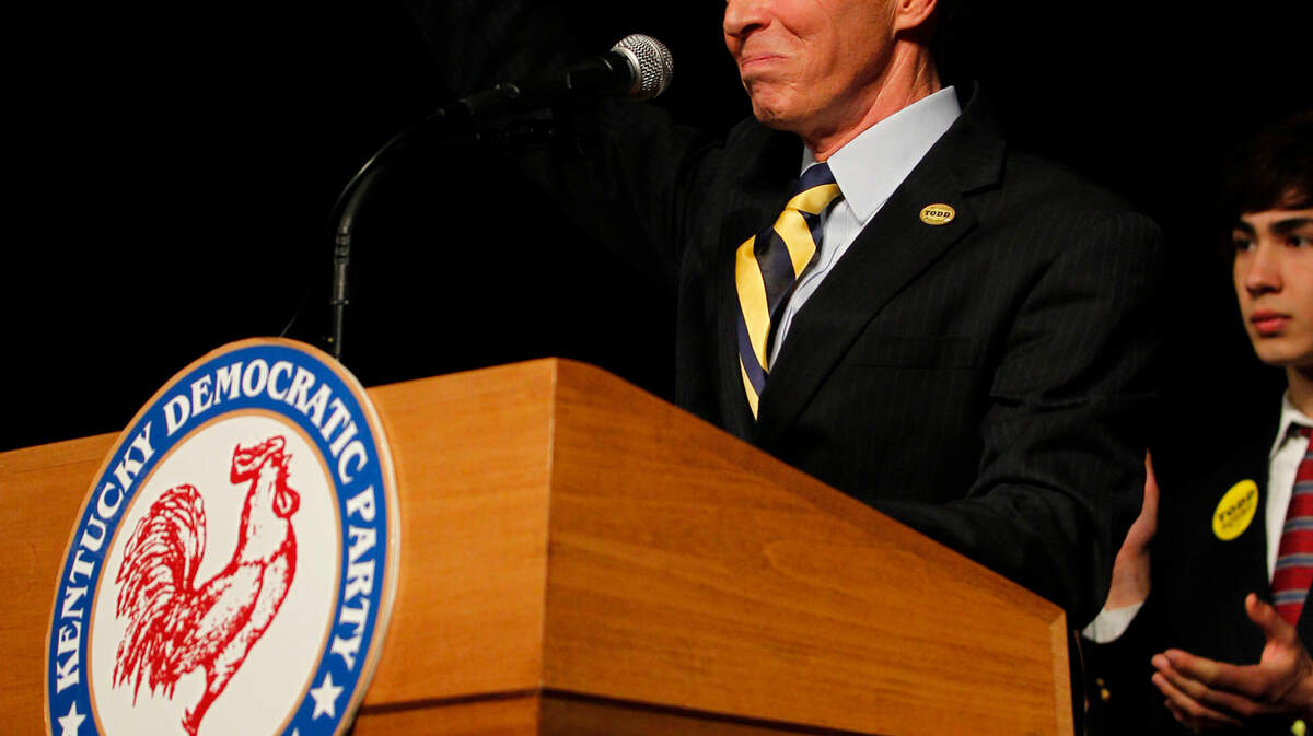 Treasurer Todd Hollenbach, who won a second term in a tight race, celebrated at the Frankfort Convention Center.
