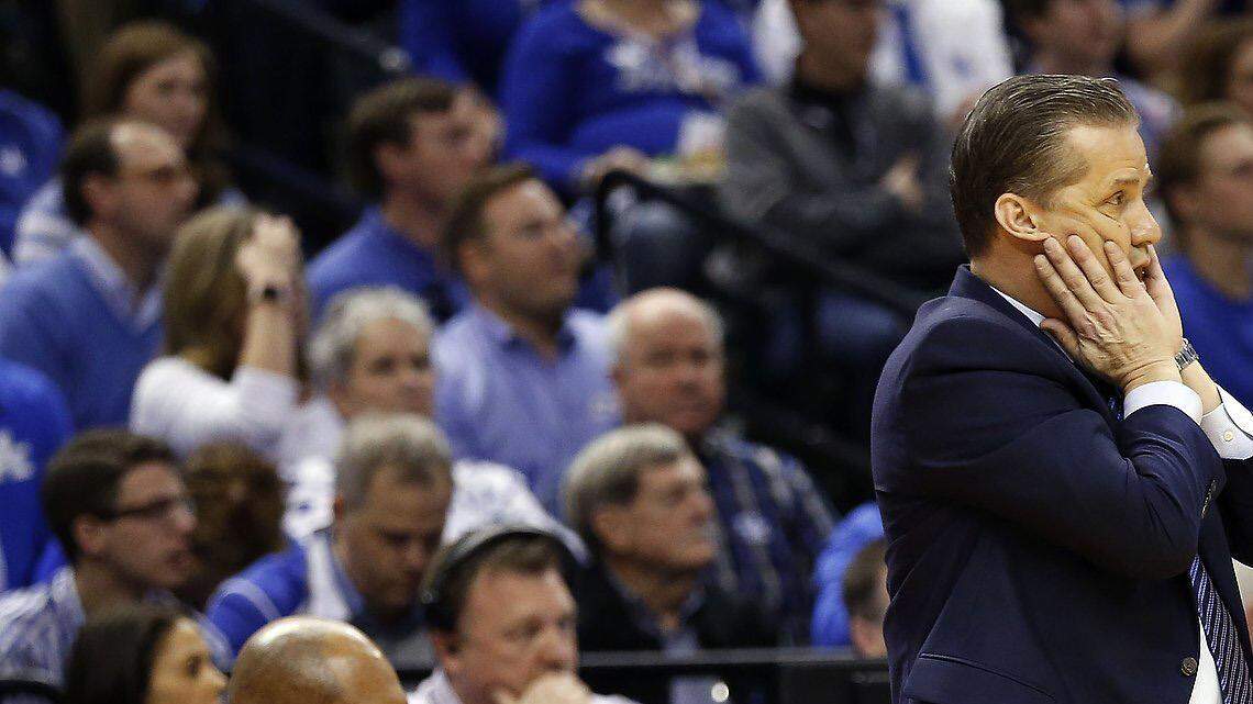 Kentucky coach John Calipari reacted to a call during the first half of his teams second round NCAA Tournament game against Wichita State Sunday in Indianapolis.