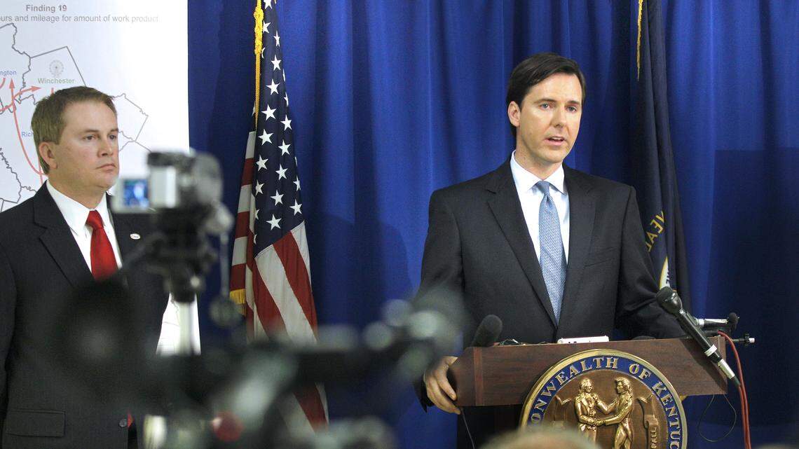 Agriculture Commissioner James Comer, left, and State Auditor Adam Edelen released the results of an audit alleging that Richie Farmer misused state resources while commissioner. This was like raising the Titanic here," Comer said. "But now we can move forward."      