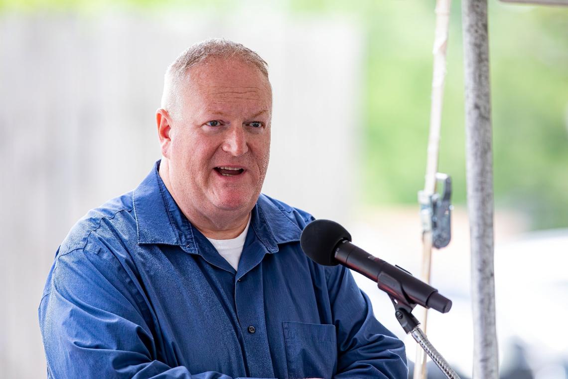Lexington Housing Advocacy and Community Development Commissioner, Charlie Lanter, speaks on the importance of affordable housing during the ribbon cutting for a public-private partnership to make affordable senior living on May 14, 2025, in Lexington, Ky.